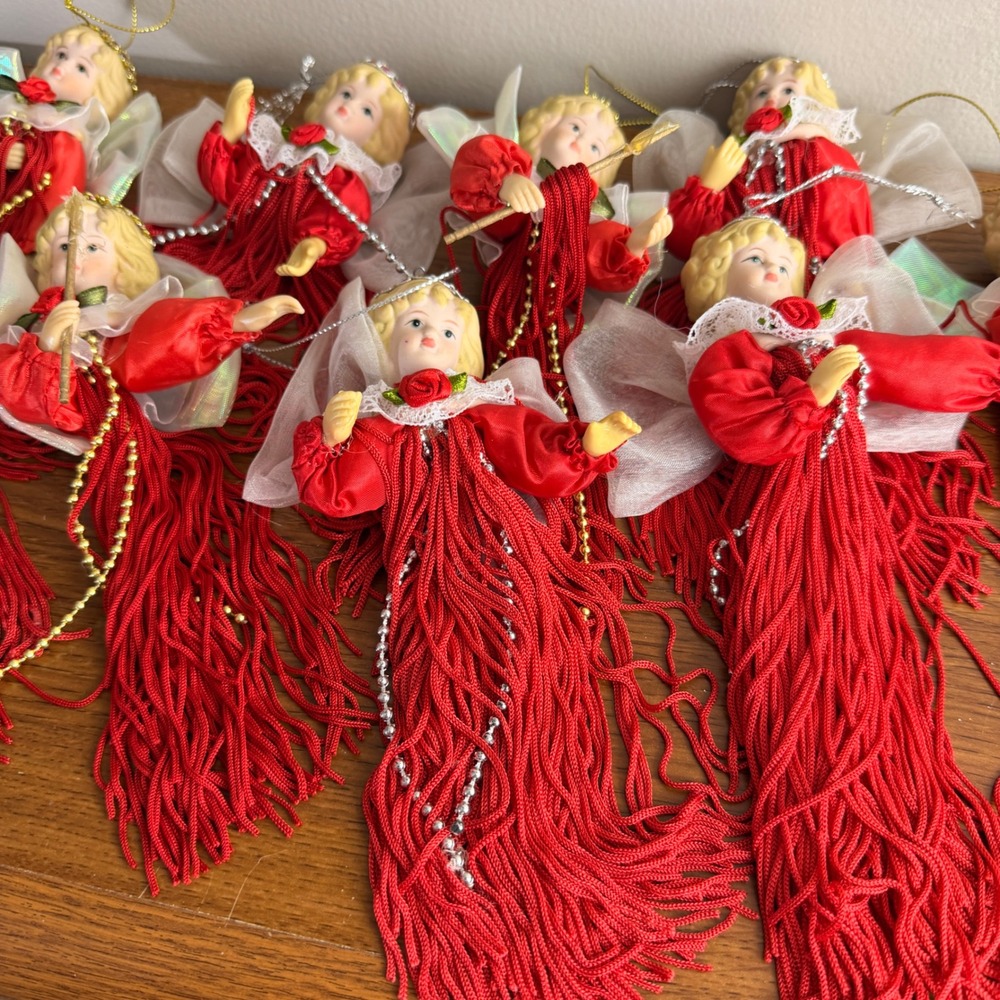 Vintage Set of 9 Porcelain Head Angel Tassel Christmas Ornaments Red Victorian